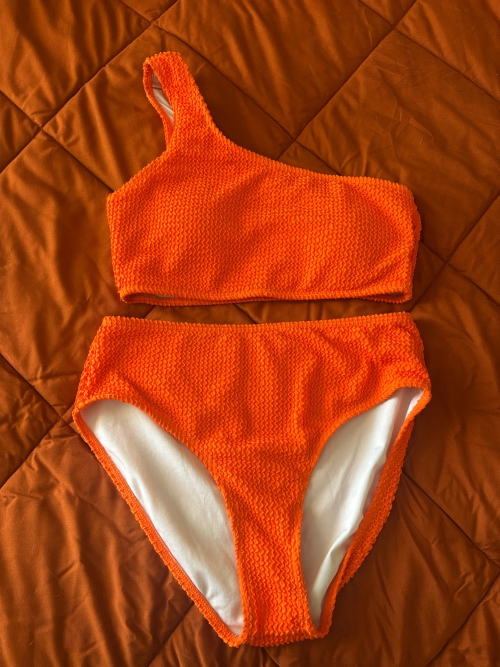 One-Shoulder Textured Bikini Set in Bright Orange